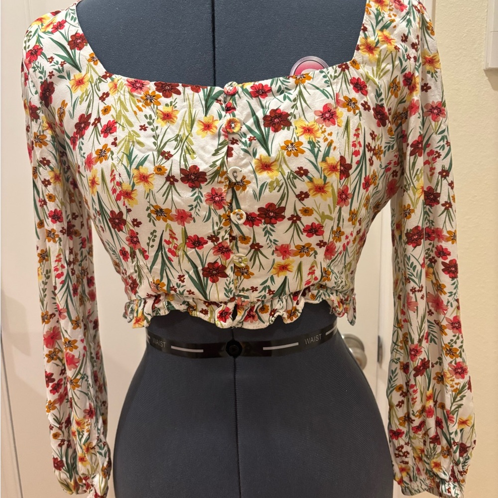 Lost + Wander Floral Blouse with Red Yellow flowers size S feminine boho